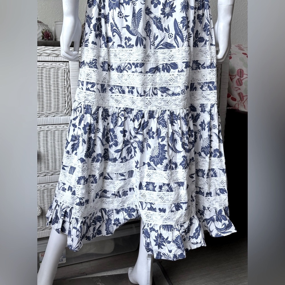 Pinch Midi Dress Lacey Cotton Tiered Floral Removable Belt Blue & White Size M - Picture 6 of 11